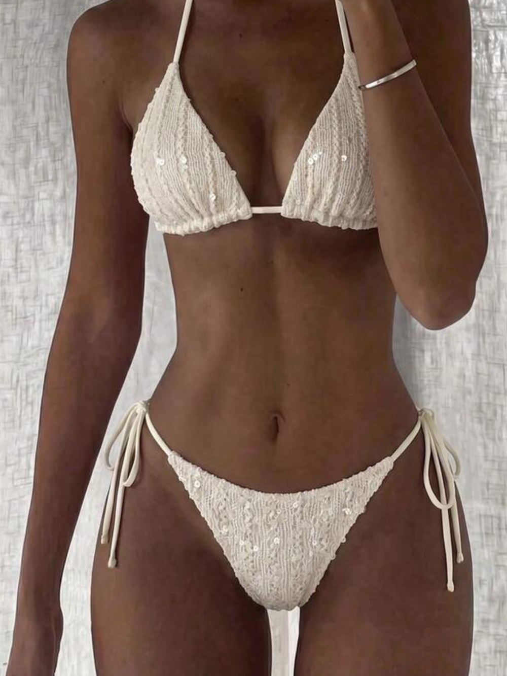 Bikini  Cream Sequin Triangle Tie-Side Bikini Top:SizeMed, bottoms large